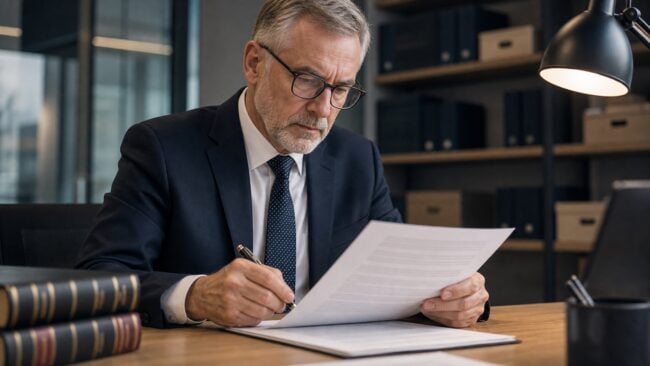 A solicitor reviewing an AI-generated legal document on screen before signing it off.