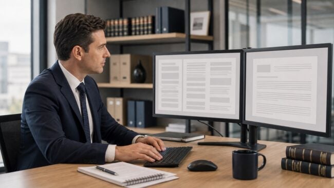 A solicitor at a desk comparing an AI research tool on screen with a dictation microphone, representing AI legal assistant versus AI legal scribe.