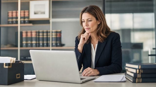 A solicitor reviewing an AI-drafted legal document on screen in a UK law firm office.